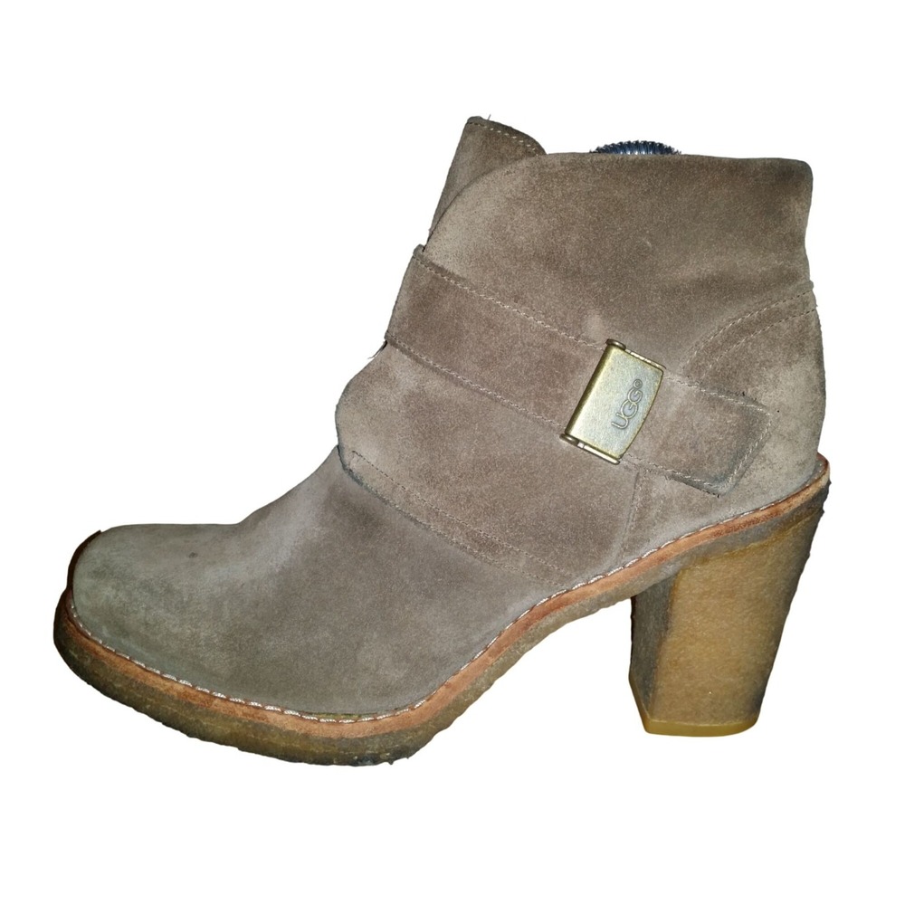 UGG Australia Brienne Womens 9 Taupe Suede Buckle Ankle Boot Crepe Block Heel